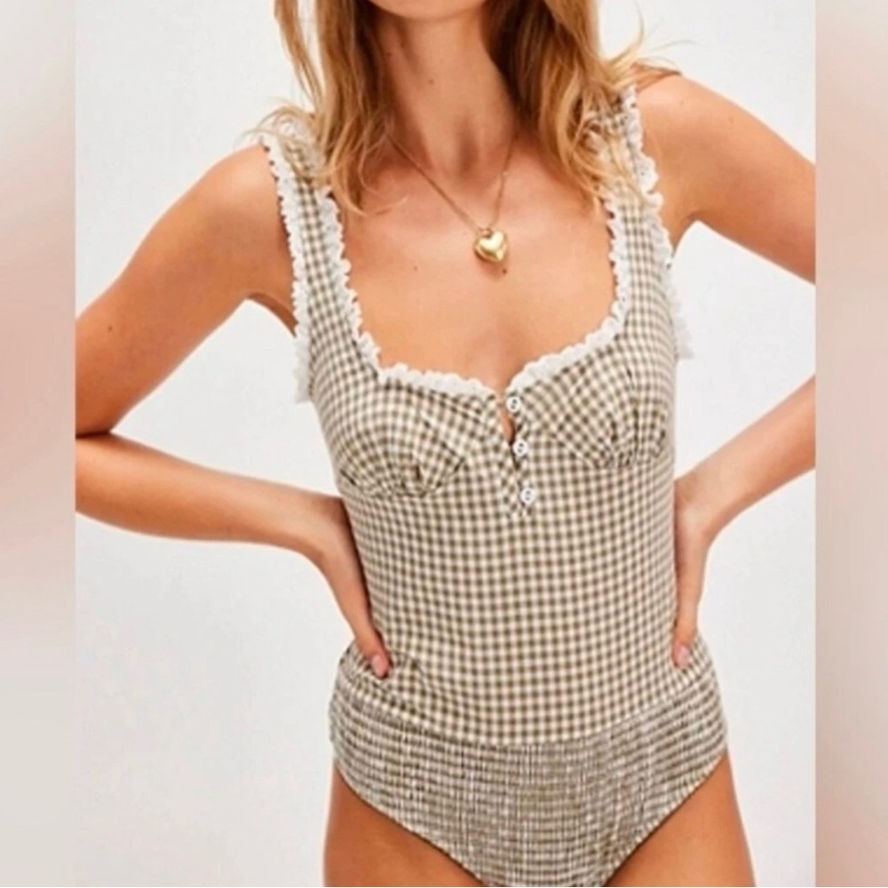 Free People Cassie Gingham Ruffle Bodysuit